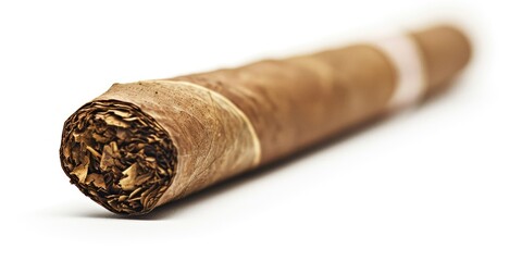 A detailed view of a cigar resting on a smooth white surface. Perfect for tobacco-related articles or lifestyle publications