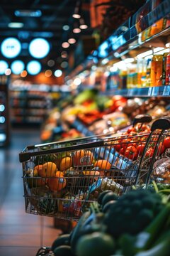 A bustling grocery store with a wide variety of fresh produce. Perfect for illustrating healthy eating, shopping, or food industry concepts