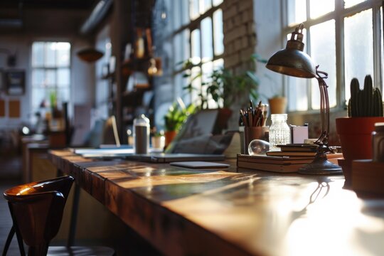 A simple desk setup with a lamp and a book. Perfect for showcasing a cozy reading nook or a productive workspace