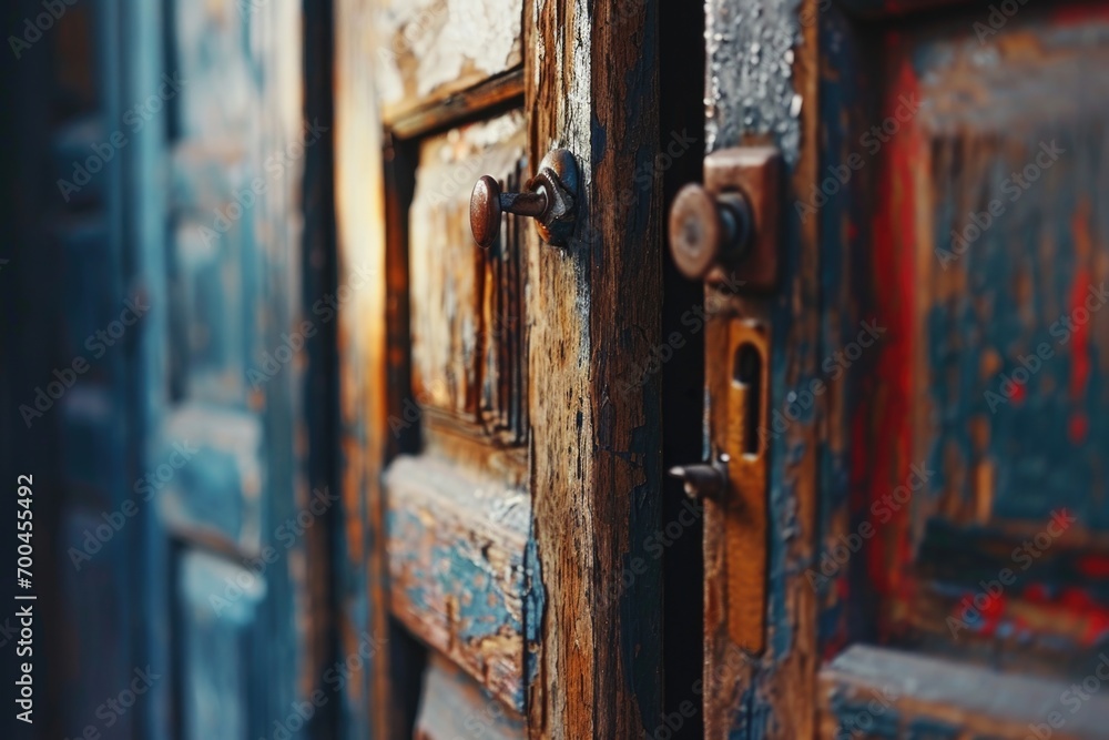 Aufkleber a close-up view of a door handle on a wooden door. this image can be used to represent home security