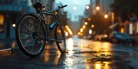Foto op Aluminium A bicycle is parked on a wet street. Suitable for urban transportation or rainy day concepts © Fotograf