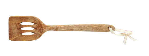 Top view wooden spatula with cloth string for hanging cooking equipment isolated on transparent background
