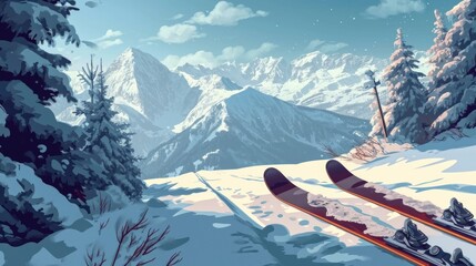 A pair of skis resting on a snow-covered slope. Perfect for winter sports enthusiasts or travel brochures promoting snowy destinations - obrazy, fototapety, plakaty