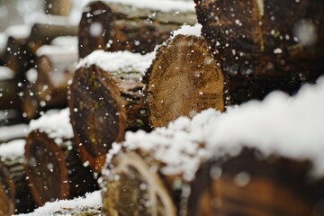 pile of wooden logs covered with snow