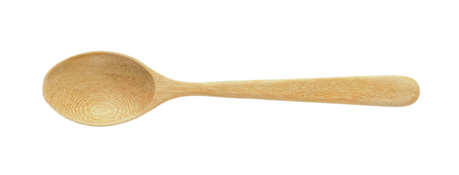 Wooden spoon equipment for making drinks or scooping raw ingredients, top view isolated on transparent background.