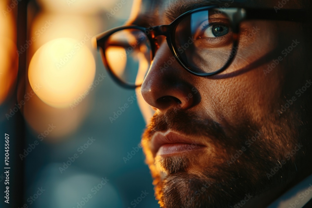 Poster a detailed view of a man wearing glasses. this image can be used for various purposes