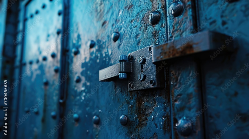 Poster a detailed close-up of a latch on a metal door. this image can be used to showcase security, craftsm