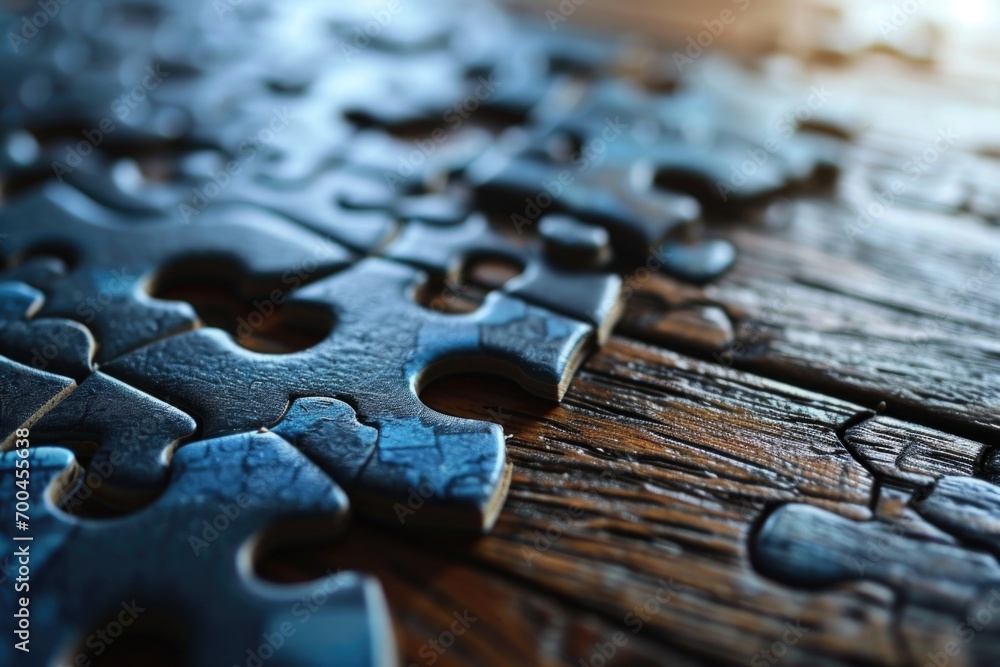 Fototapete A close up view of a puzzle piece on a table. Suitable for use in educational materials or as a metaphor for problem-solving