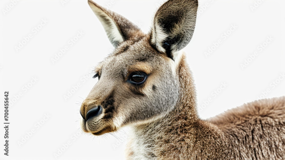 Poster a detailed close-up image of a kangaroo against a plain white background. this versatile picture can