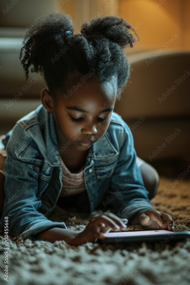 Poster a little girl is seen laying on the floor while using a tablet. this image can be used to depict tec