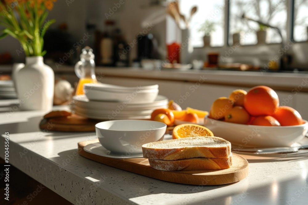 Poster A table adorned with an assortment of plates and bowls filled with fresh and vibrant fruits. Perfect for adding a touch of color and freshness to any dining or kitchen scene