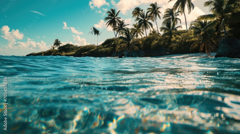 Poster a scenic view of the ocean with palm trees in the background. perfect for travel and vacation-themed
