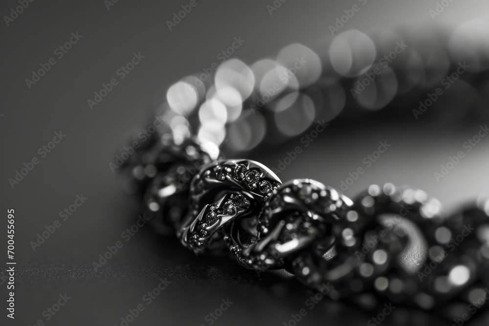 Poster A black and white photo capturing the intricate details of a bracelet. Perfect for adding a touch of elegance to any project