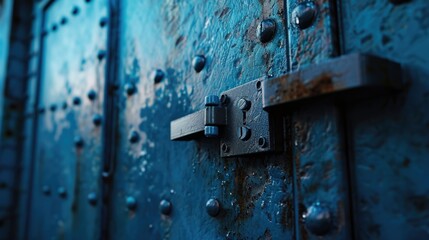 A detailed close-up of a latch on a metal door. This image can be used to showcase security, craftsmanship, or industrial design