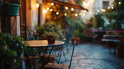 A picture of a table and chairs set up outside of a restaurant. This image can be used to showcase outdoor dining options or to promote a restaurant's ambiance - obrazy, fototapety, plakaty