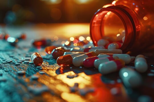 A close-up shot of a bottle of pills placed on a table. This image can be used to depict healthcare, medicine, or pharmaceutical concepts