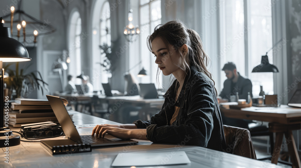 Poster A woman sitting and working at a laptop at a table in a modern room. Generative AI.