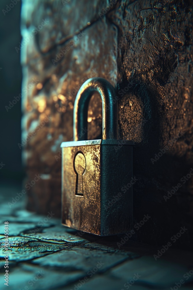 Aufkleber a metal padlock securely fastened to a stone wall. this versatile image can be used to represent sec