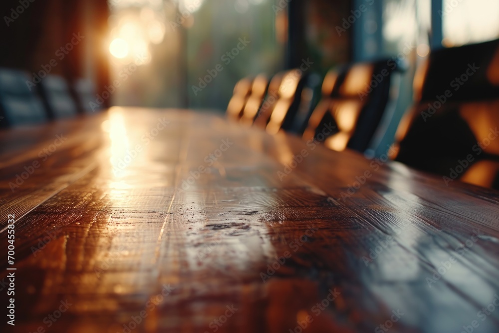 Poster a simple wooden table with chairs placed in front of a window. ideal for home decor or office settin
