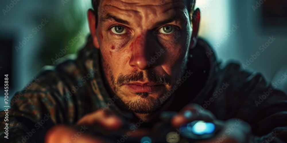 Poster a man holding a video game controller. perfect for gaming enthusiasts and technology-related content