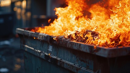 A dumpster filled with lots of fire next to a building. Perfect for illustrating fire hazards and emergency situations