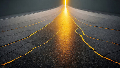 Cracked asphalt. Golden light. Place for text. Background for Photoshop - obrazy, fototapety, plakaty