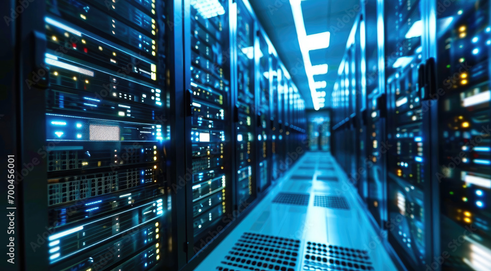 Aufkleber network server room with fiber optic cables connected to switch technology, rackmount led console in