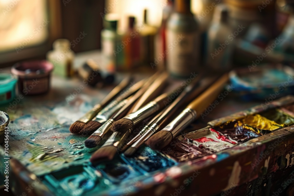 Poster a collection of paint brushes neatly arranged on a table. ideal for artistic projects and creative e