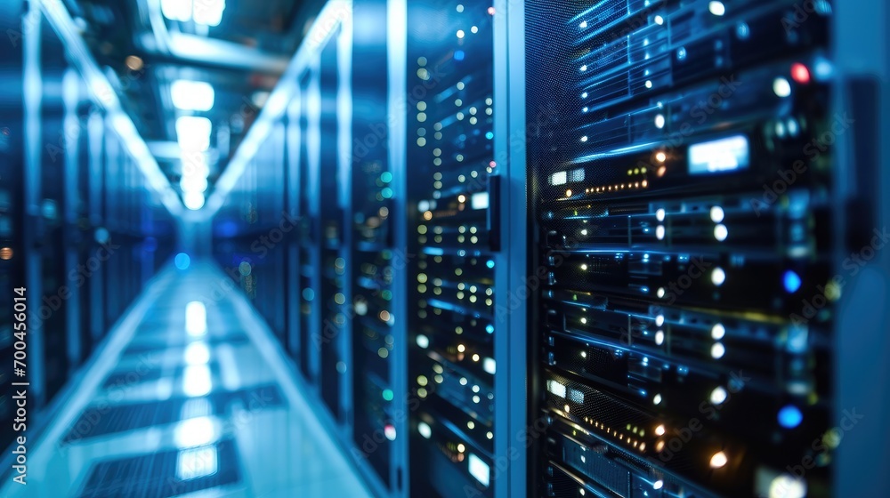 Leinwandbilder Network server room with fiber optic cables connected to switch technology, Rackmount LED console in server room data center. Generative AI.