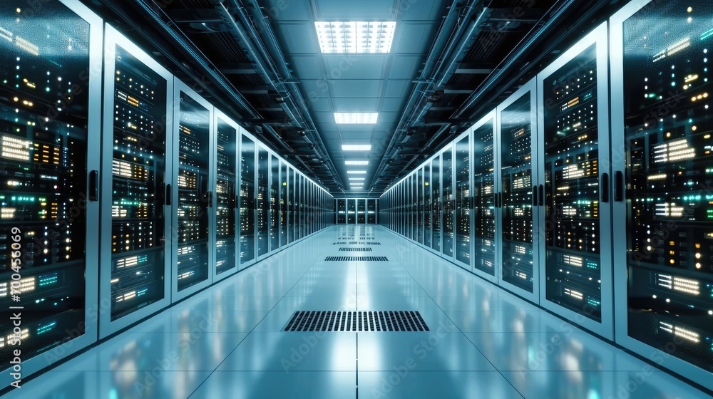 Poster a state of the art data center with rows of server racks, cooling systems and redundant power suppli