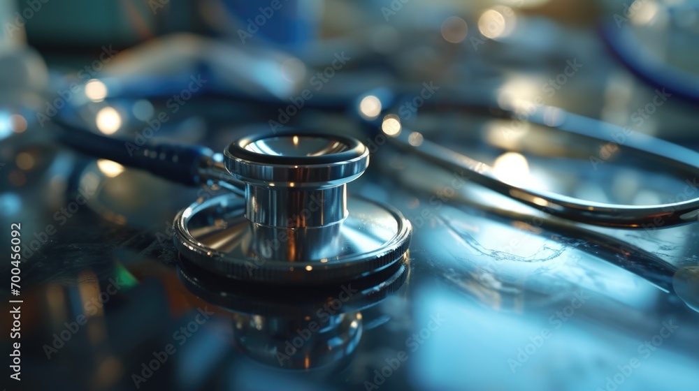Poster a close-up view of a stethoscope placed on a table. suitable for medical and healthcare-related desi