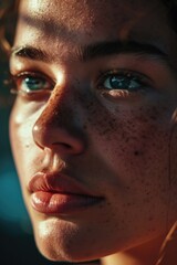 A close up shot of a woman with freckles on her face. Suitable for beauty, skincare, or natural beauty concepts