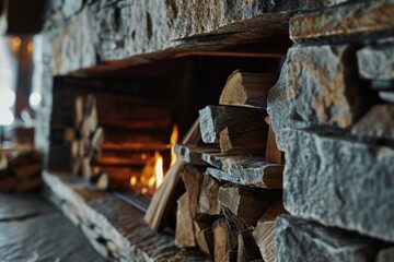 A picture of a fire place filled with logs. Perfect for adding warmth and coziness to any space