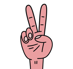 Hand gesture V sign for victory or peace icon. Doodle cartoon style. Isolated vector illustration on white background. - 700456005