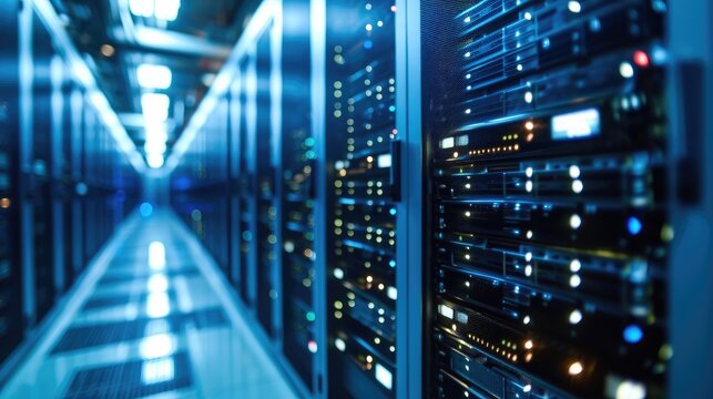 Network server room with fiber optic cables connected to switch technology, Rackmount LED console in server room data center. Generative AI.