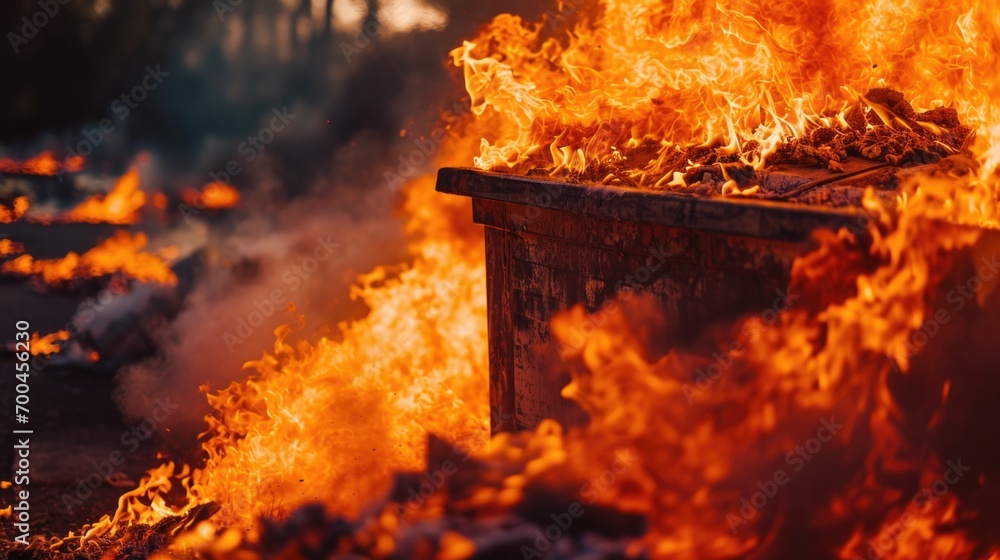 Poster a fire is burning in the middle of a field. this image can be used to represent destruction, danger,
