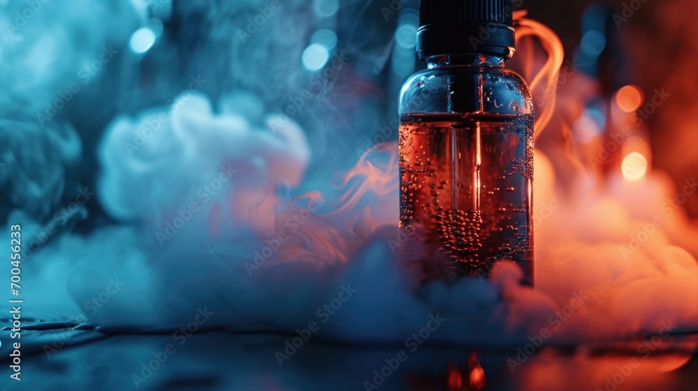 Poster a detailed shot of a bottle of liquid placed on a table. suitable for various uses