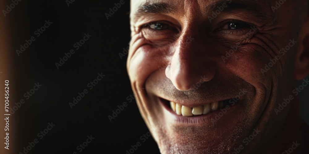 Poster A close up shot of a man with a smile on his face. This image can be used to portray happiness and positivity