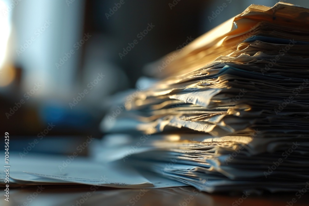 Poster a stack of mail sitting on top of a wooden table. can be used to represent a busy office or receivin