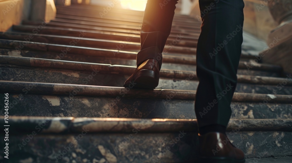 Poster a person walking up a set of stairs. this image can be used to depict progress, determination, or ov