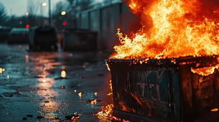 A dumpster on fire on a city street. Suitable for illustrating urban disasters or emergency situations - obrazy, fototapety, plakaty