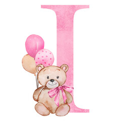 Pink letter I with watercolor teddy bear
