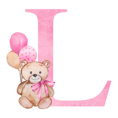 Pink letter L with watercolor teddy bear