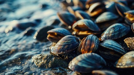 A group of clams sitting on top of a rock. Can be used to illustrate marine life or coastal environments