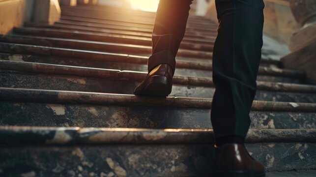 A person walking up a set of stairs. This image can be used to depict progress, determination, or overcoming challenges