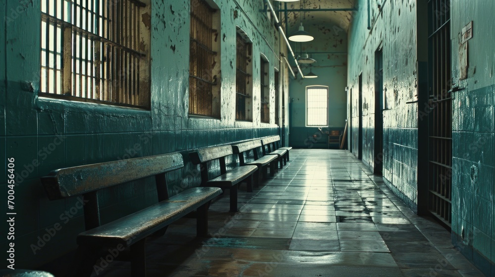 Poster a long hallway with a bench in the middle. suitable for interior design or architectural concepts