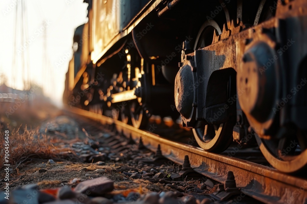 Poster a close up view of a train on a train track. suitable for transportation or travel-related projects