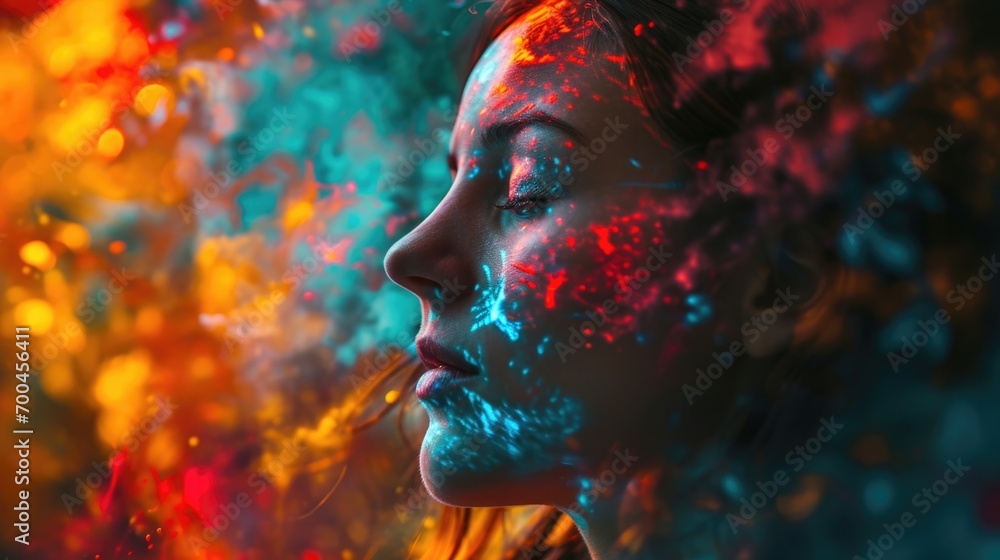 Poster a woman with her eyes closed and her face covered in paint. this image can be used for various artis