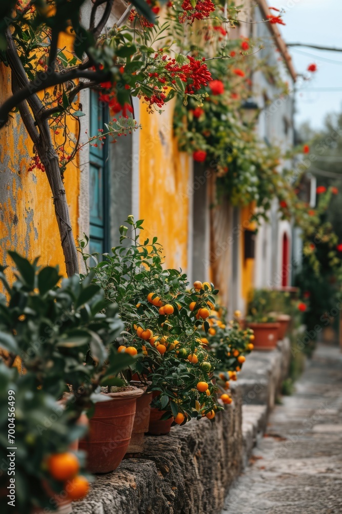 Poster A row of potted plants placed along the side of a building. Can be used to add a touch of greenery and beauty to urban spaces