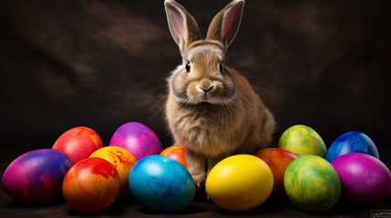 Easter Bunny with colorful easter eggs on a brown background